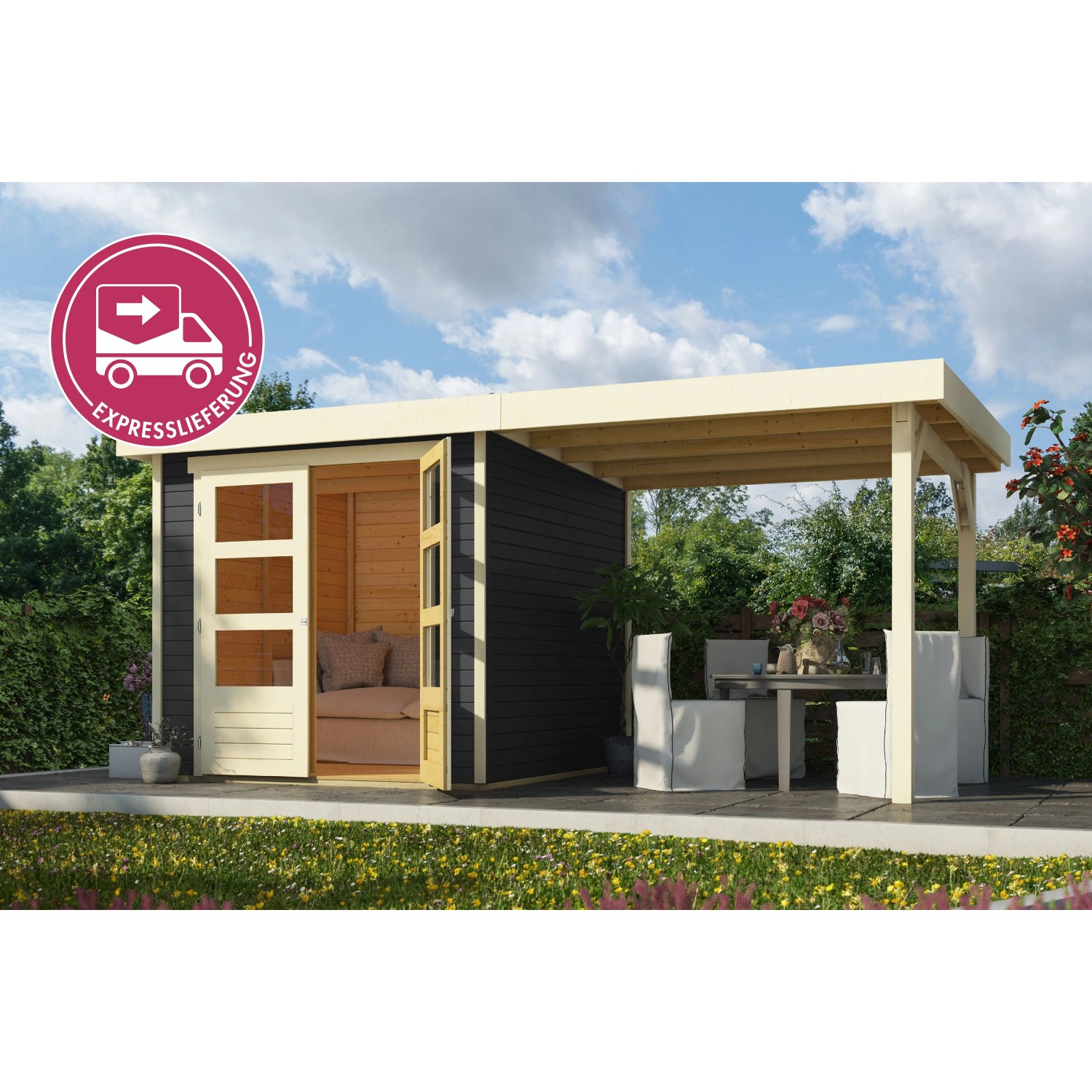 Karibu Express Gartenhaus Speedy A Set Terragrau 433 cm x 217 cm mit Anbaudach