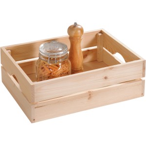 Kesper Holzkiste Kiefer, 18 l, naturbelassen, mit seitlichen Tragegriffen und Inhalt.