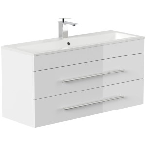 Posseik Badmöbel Portus 1000 SlimLine, weiß hochglanz, mit Waschbecken und zwei Schubladen.