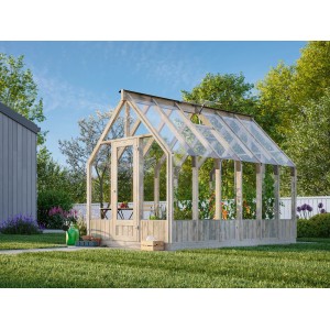Palmako Gewächshaus Emilia 8 Grau, 8,2 m² im Garten. Holzrahmen mit Glasdach und Tür.