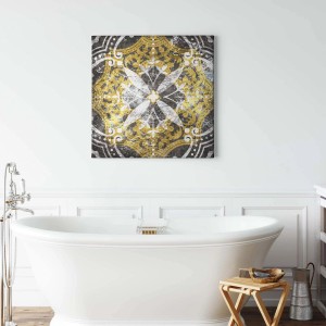 Quadratisches Wandbild im orientalischen Stil mit Fliesenmuster in Grau und Gold.