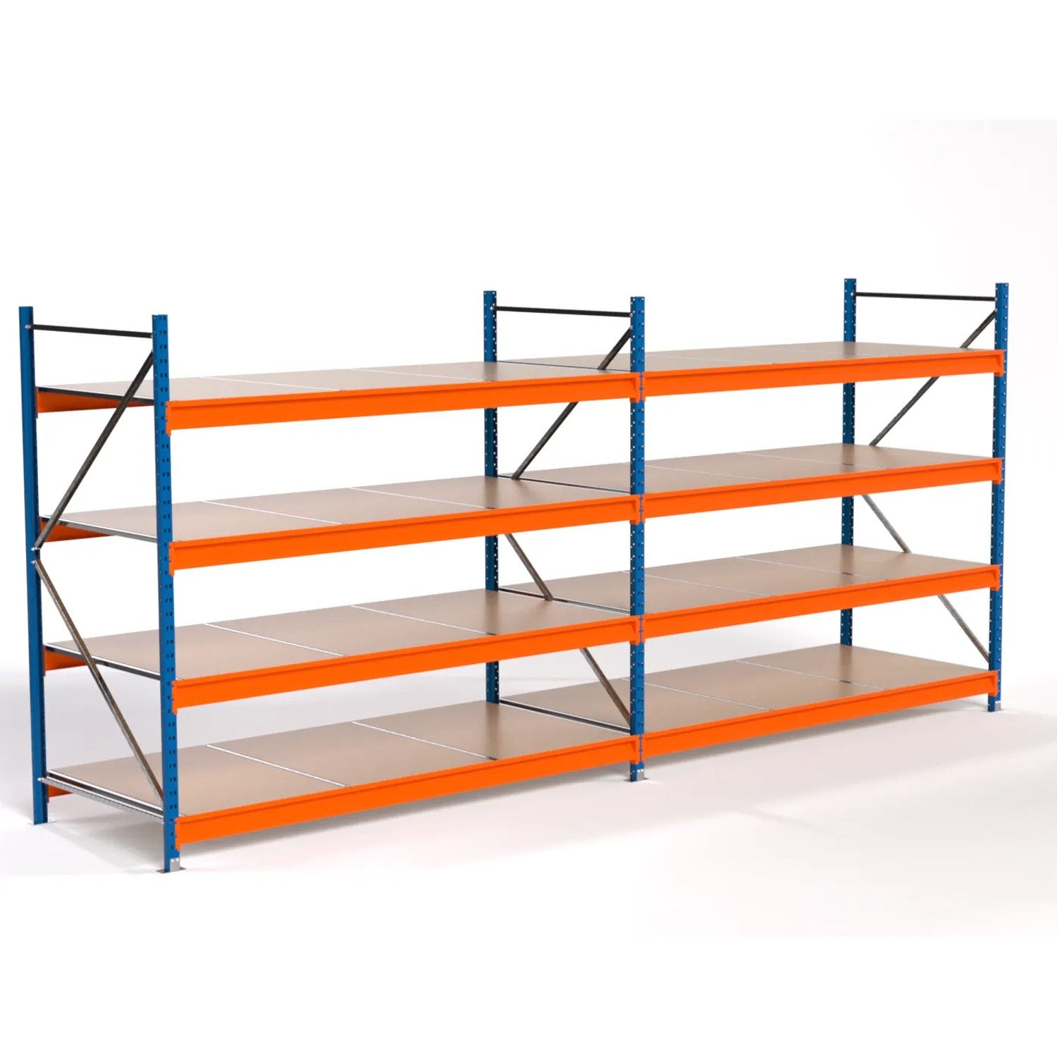 PROREGAL Industrie Weitspannregal Lagerregal MAXIMUS PRO Komplettregal 2 Felder HxBxT 200x450x100cm 4 Spanplatten-Fachboden Fachlast 610kg Blau/Orange