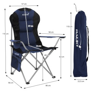 Blauer Hauki Campingstuhl, faltbar mit Getränkehalter und Tragetasche.