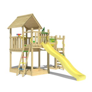 Jungle Gym Spielturm Lookout mit gelber Rutsche, Wackelbrücke und Kletterrampe aus Holz.