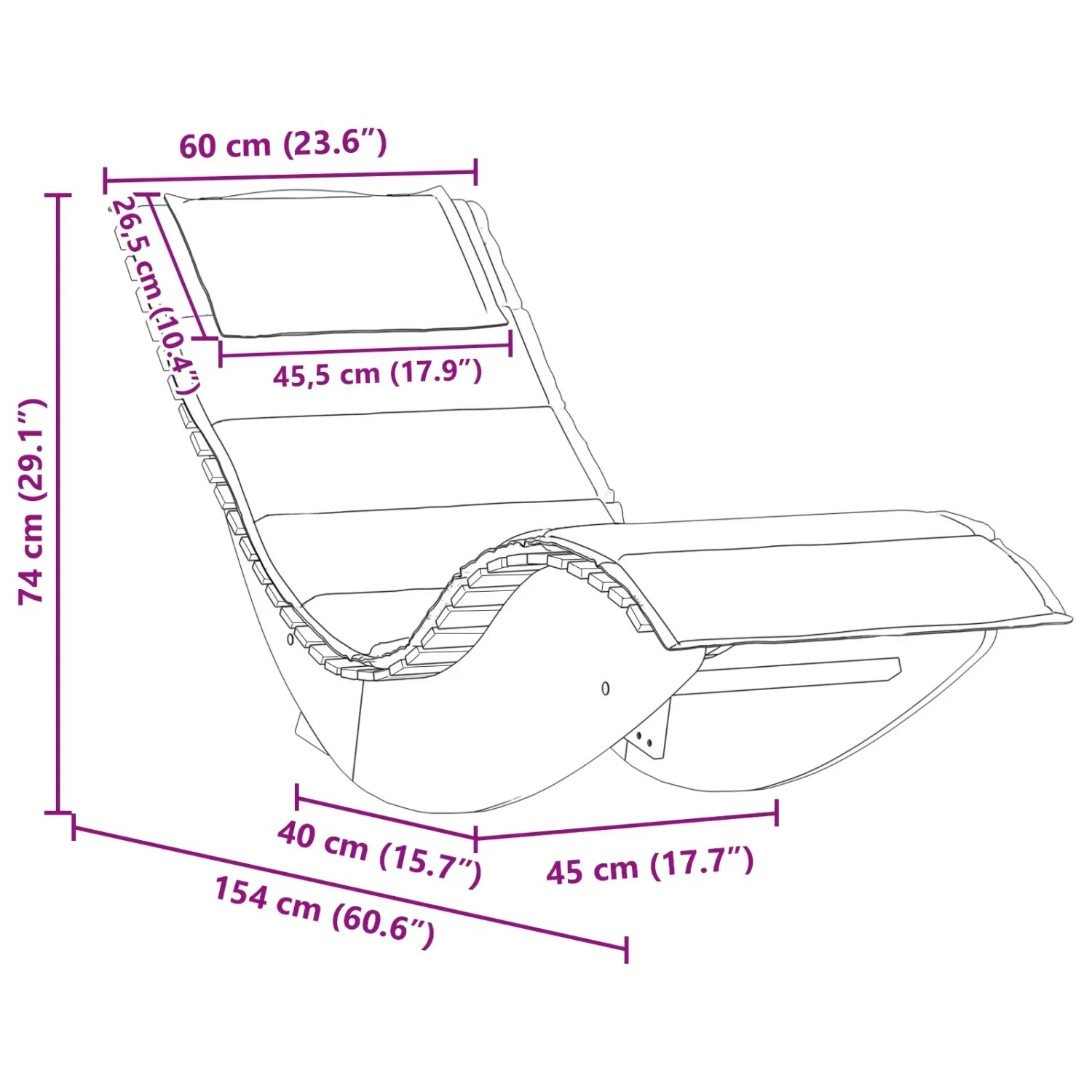 Skizze: vidaXL Wipp-Sonnenliege aus Akazienholz mit Kissen, Maße eingezeichnet, Teil der Gartenstühle Kategorie.