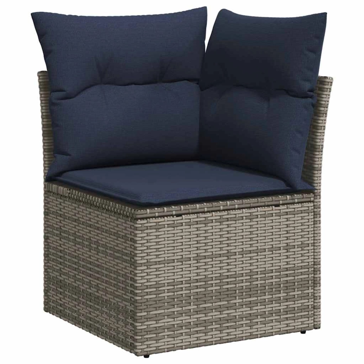 Graues vidaXL Garten-Ecksofa aus Rattan mit blauen Kissen, Teil einer 9-teiligen Garten-Sofagarnitur.
