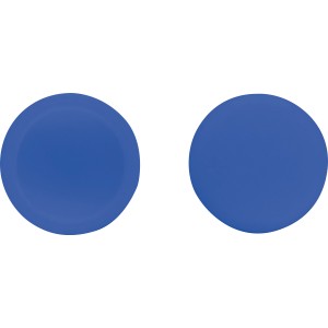 Zwei blaue LUX Abdeckkappen aus Kunststoff für Nummernschildschrauben, Ø 12 mm.