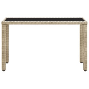 Beiger Gartentisch aus Poly Rattan mit Glasplatte, 123x60x74 cm. Ideal für Terrasse und Garten.