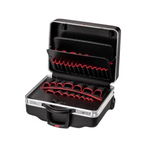 Offener, schwarzer PARAT CLASSIC KingSize Roll Neo Werkzeugkoffer mit roten Werkzeugfächern.