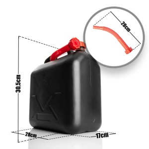 Schwarzer 10L Kraftstoffkanister (30,5x28x17cm) mit rotem Griff und flexiblem Ausgießer für Benzin & Diesel.