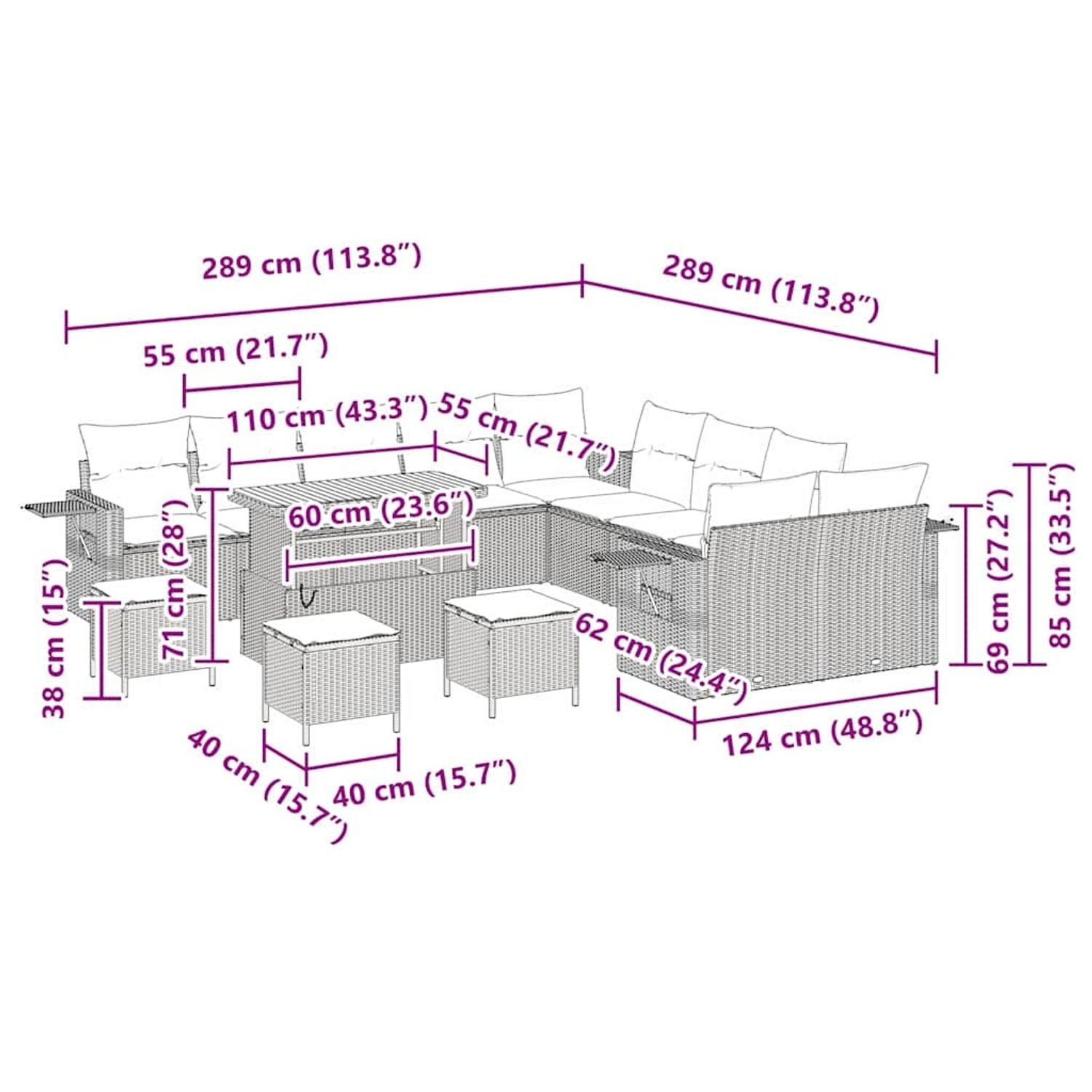 vidaXL Gartenmöbel-Set, 14-teilig, schwarz, Poly Rattan. Sofa, Sessel, Hocker und Tisch mit Maßangaben.