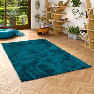 Petrolfarbener Hochflor Teppich Melia, 160x230cm. Super Soft Langflor Teppich für Wohnräume.