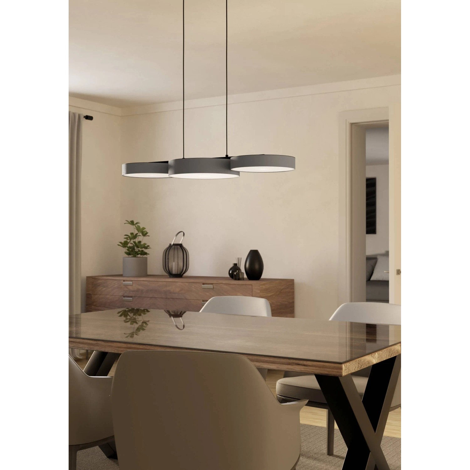 Smarte Eglo LED-Pendelleuchte Barbano-Z, grau-weiß, 83,8 cm breit, mit drei Leuchtelementen im Esszimmer.