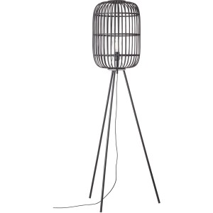 Schwarze Dreibein-Stehlampe Woodrow von Brilliant mit Rattan-Schirm, 130cm hoch.
