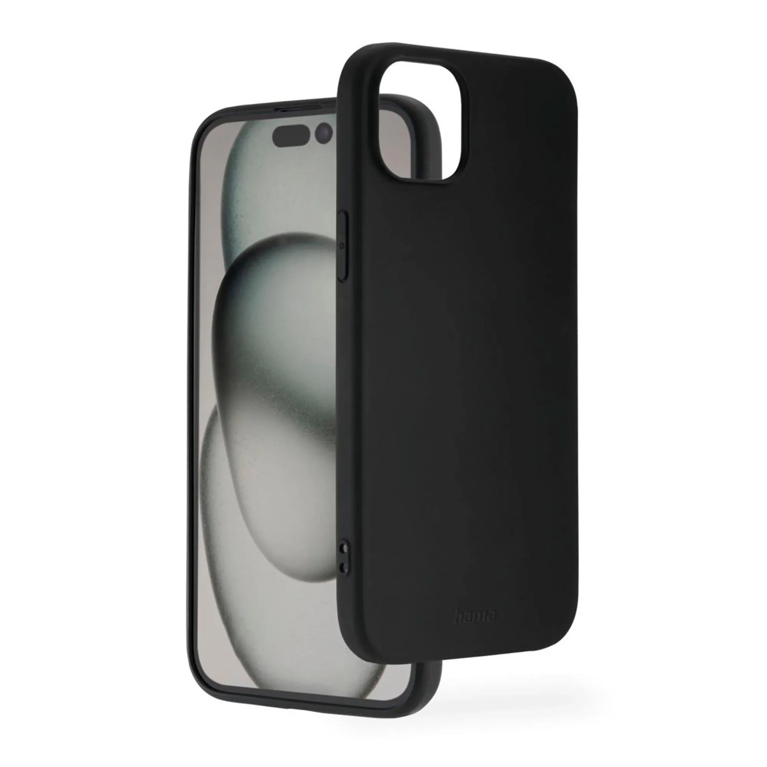 Schwarze Hama MagCase Handyhülle für Apple iPhone 15, teilweise auf Smartphone. Schutzhülle mit matter Oberfläche.