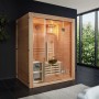 Traditionelle Sauna SKYLINE aus Tannenholz mit Glasfront und Zubehör.