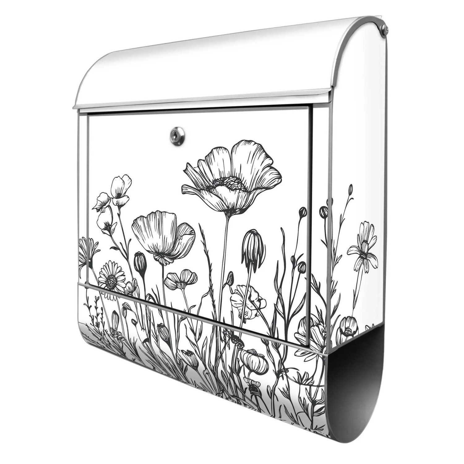 Banjado Design Briefkasten Silber Pulverbeschichtet 39x47x14cm 2 Schlüssel Mit Zeitungsfach Motiv Schwarz-Weiß Blumenzei...