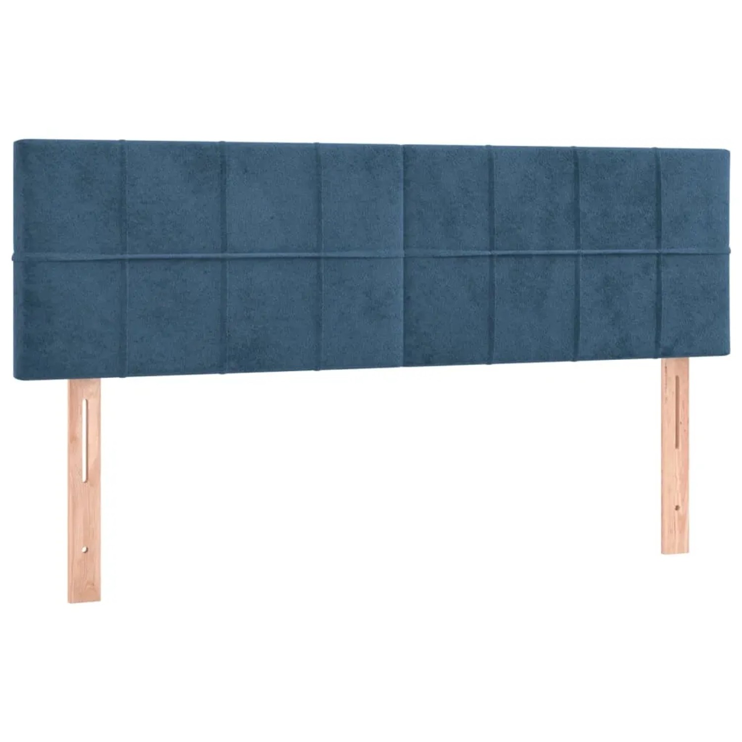 Boxspringbett Kopfteil dunkelblau, Samt, 140x190 cm. Bett mit gestepptem Kopfteil und Holzfüßen.