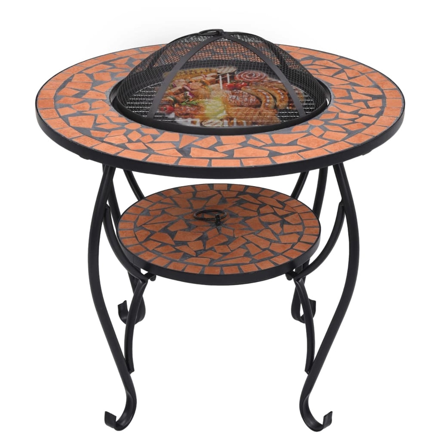 vidaXL Feuertisch Mosaik, Keramik Terracotta, 68 cm mit Grill und Funkenschutz.