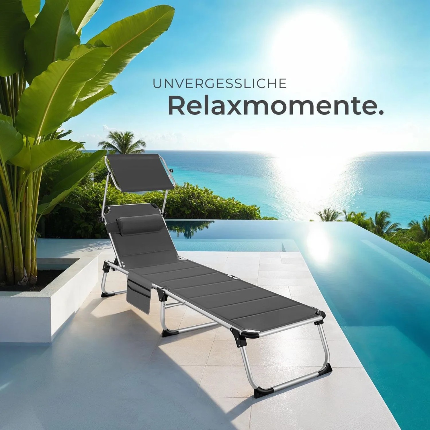 Tectake Aluminium Sonnenliege Lorella Gepolstert  Klappbar Wetterfest und Uv Beständig  200 x 60 50 x 115 cm Grau_8