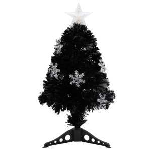 Schwarzer LED-Weihnachtsbaum mit Schneeflocken und Fiberoptik, 64 cm hoch.