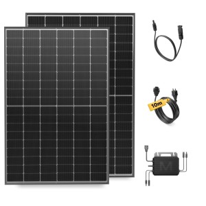 Solakon Balkonkraftwerk 900W Komplettset: zwei dunkle Solarmodule, Wechselrichter, 10m Anschlusskabel.