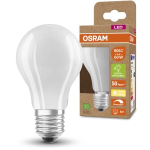Osram E27 LED-Lampe, Glühlampenform, 4,3W, 806 lm, matt, warmweiß, 10,5x6 cm.