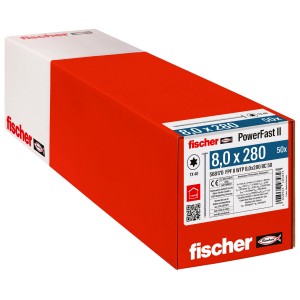 Verpackung Fischer PowerFast II Holzschrauben 8x280 mm, 50 Stück. Holzschrauben mit Tellerkopf und Teilgewinde.