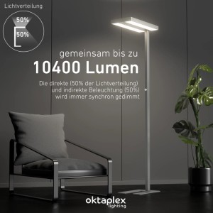 Silberne Oktaplex Stehleuchte aus Aluminium mit Sensor, 10400 Lumen, dimmbar, neutralweißes Licht.