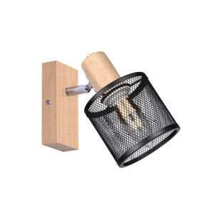 NETTLIFE Deckenstrahler: Holzsockel, schwarzer Metall-Gitter-Schirm, E14-Fassung. Flexibel neig- & drehbar.