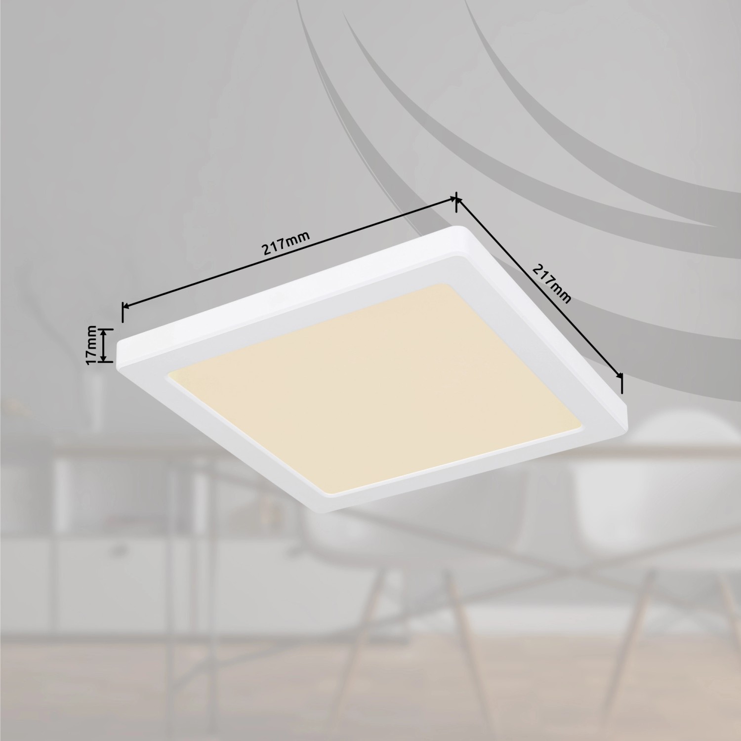 Weiße, quadratische LED-Deckenleuchte Lasse (217x217x17mm) mit einstellbaren Weißtönen.