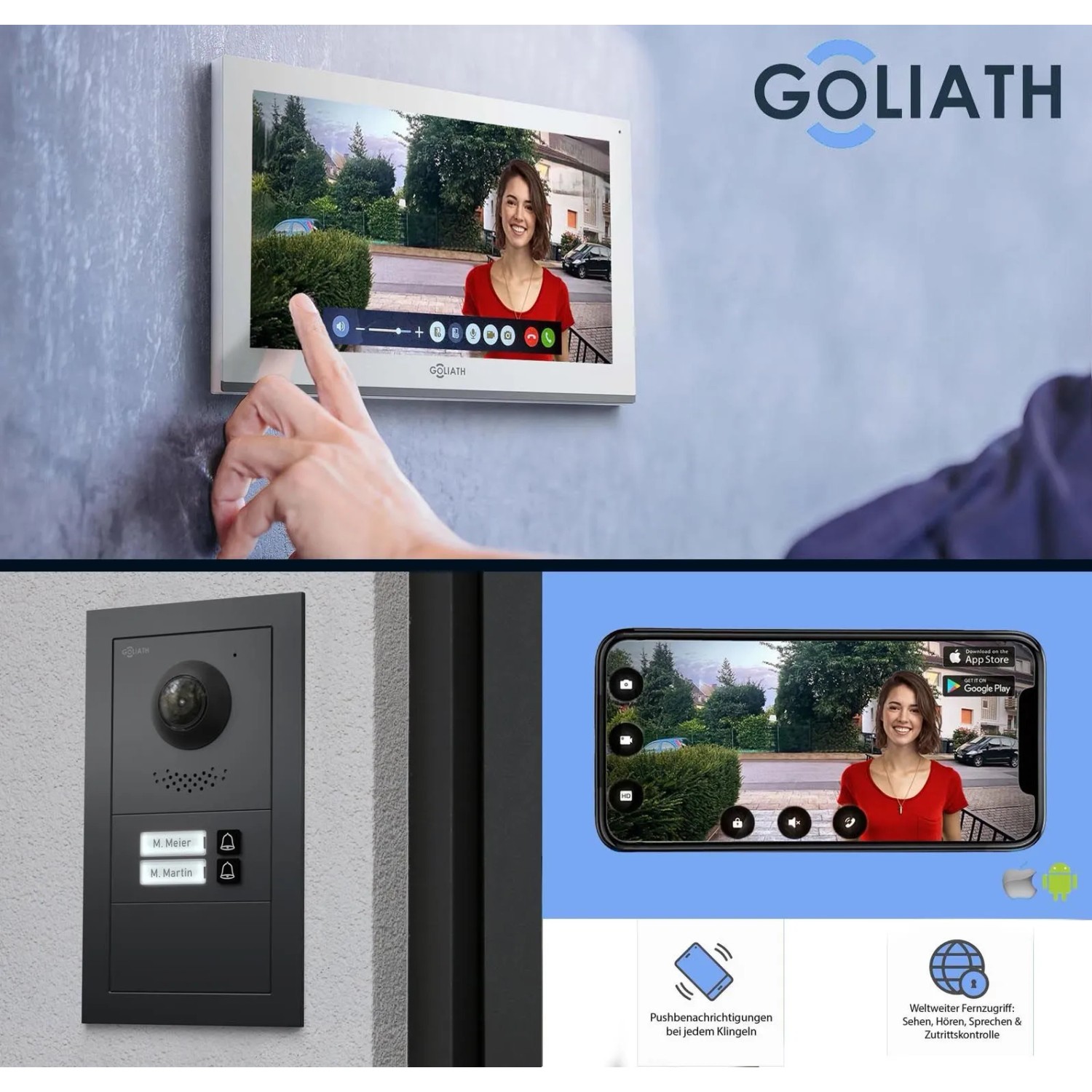 Goliath Video Türsprechanlage für 4 Familien, mit schwarzer Aussenstation und Monitor.