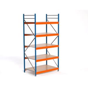 PROREGAL Industrie Weitspannregal Lagerregal MAXIMUS PRO Grundregal HxBxT 300x150x100cm 5 Spanplatten-Fachboden Fachlast 850kg Blau/Orange