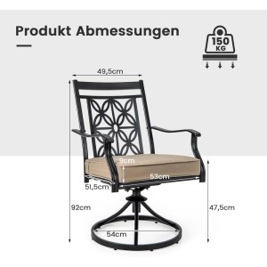 Costway 2er Set Gartenstühle 360° Drehbar mit Weichen Kissen