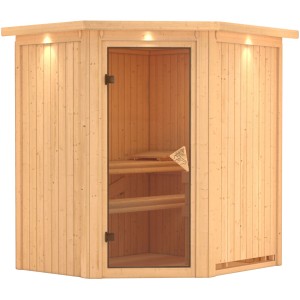 Karibu Sauna Tjorven mit Holz-Glastür und Ofen. Elementsauna für entspanntes Saunieren im Haus.