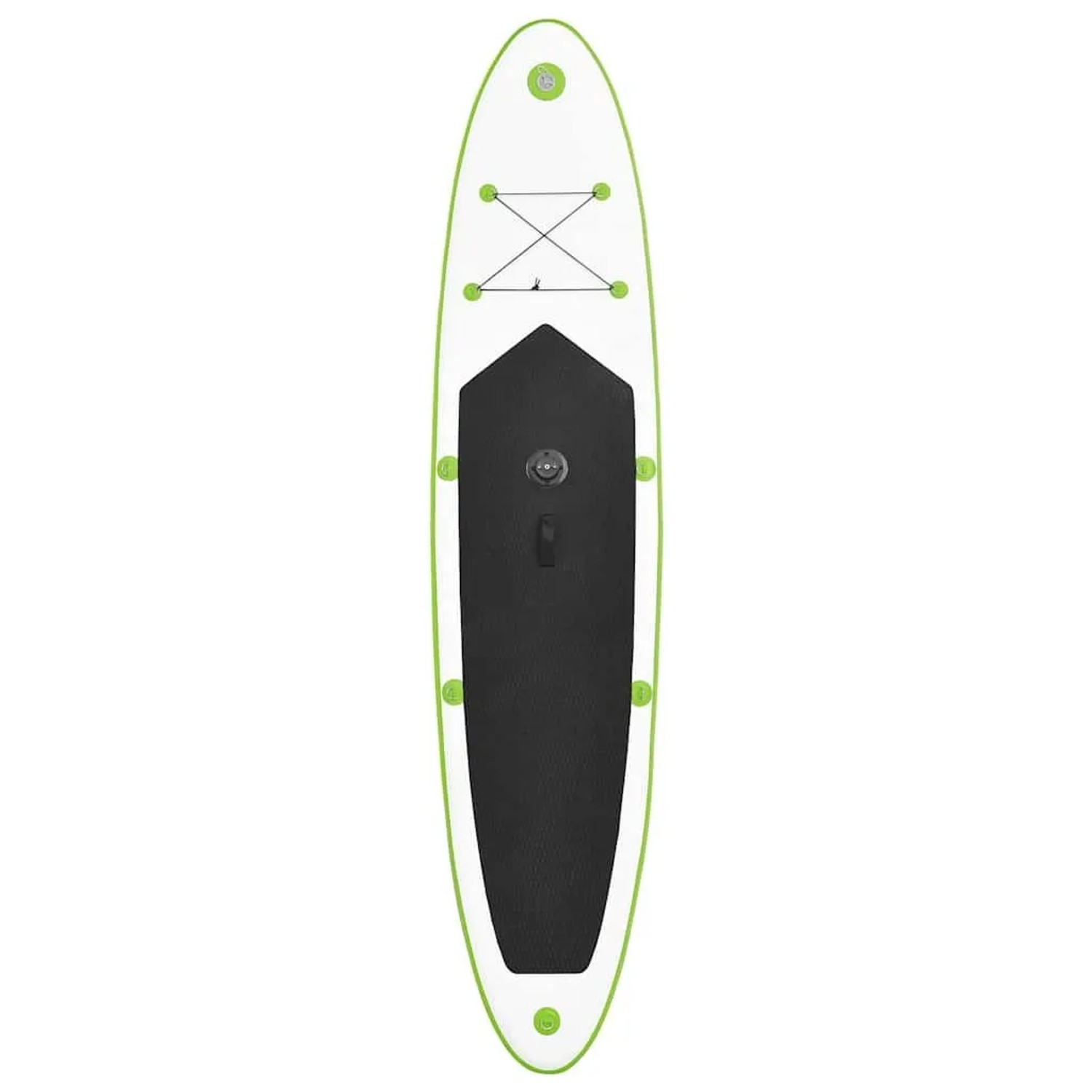 Aufblasbares SUP-Board in Grün-Weiß mit schwarzem Deckpad, Gepäcknetz und Tragegriff für Wassersport.