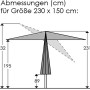 Skizze: Schneider Marktschirm 230x150 cm, Natur, mit Abmessungen.