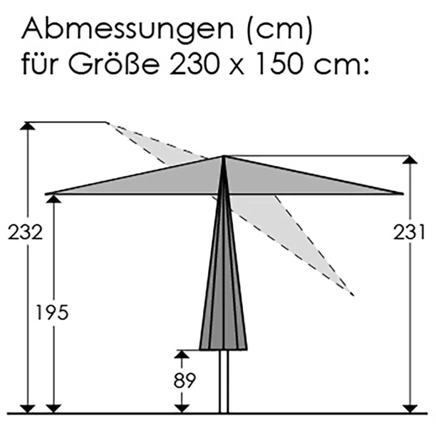 Skizze: Schneider Marktschirm 230x150 cm, Natur, mit Abmessungen.