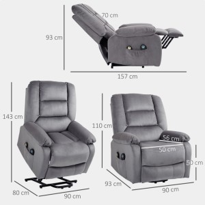 Dunkelgrauer elektrischer Relaxsessel mit Samtoptik, Aufstehhilfe und Liegefunktion, Maße sichtbar.