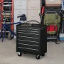 Schwarzer DURHAND Werkstattwagen aus Stahl mit 7 Schubladen, Rollen und Werkzeugen auf der Ablage, ideal für die Garage.