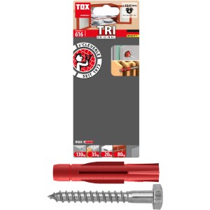 Tox Allzweckdübel TRI 10/61 mit Schraube, 4er-Pack. Universell einsetzbare Dübel für verschiedene Baustoffe.