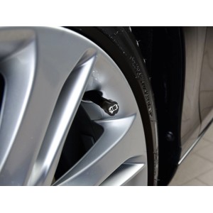 Schwarze Ventilkappe mit weißem Auto-Symbol auf silberner Felge. OBI Reifenmarkierer für Autoreifen.