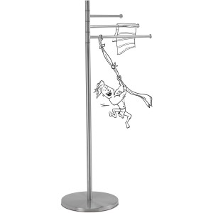 Freistehender, verchromter baliv Handtuchhalter mit 3 Armen und stilisierter Person.