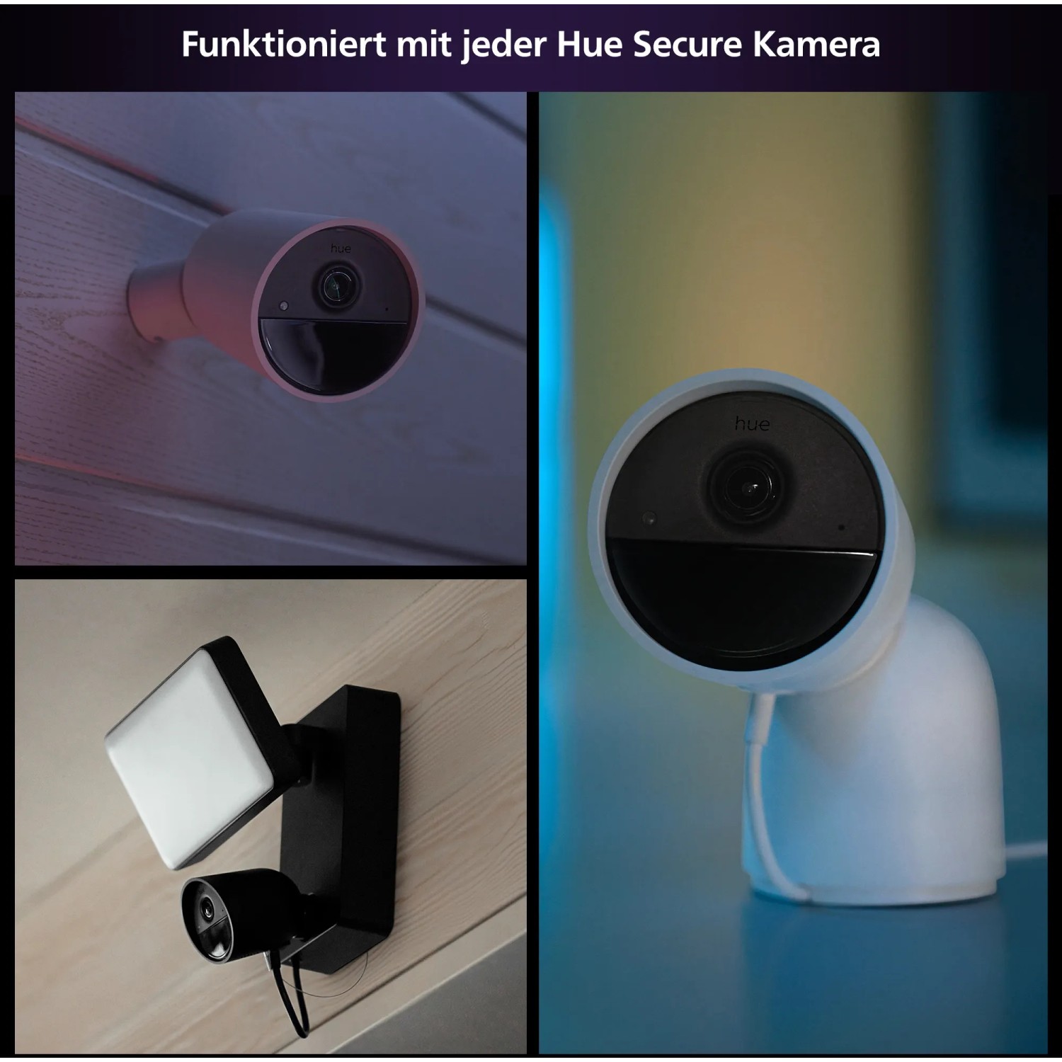 Philips Hue Secure Kameras, verschiedene Modelle und Montageorte für die Videoüberwachung.