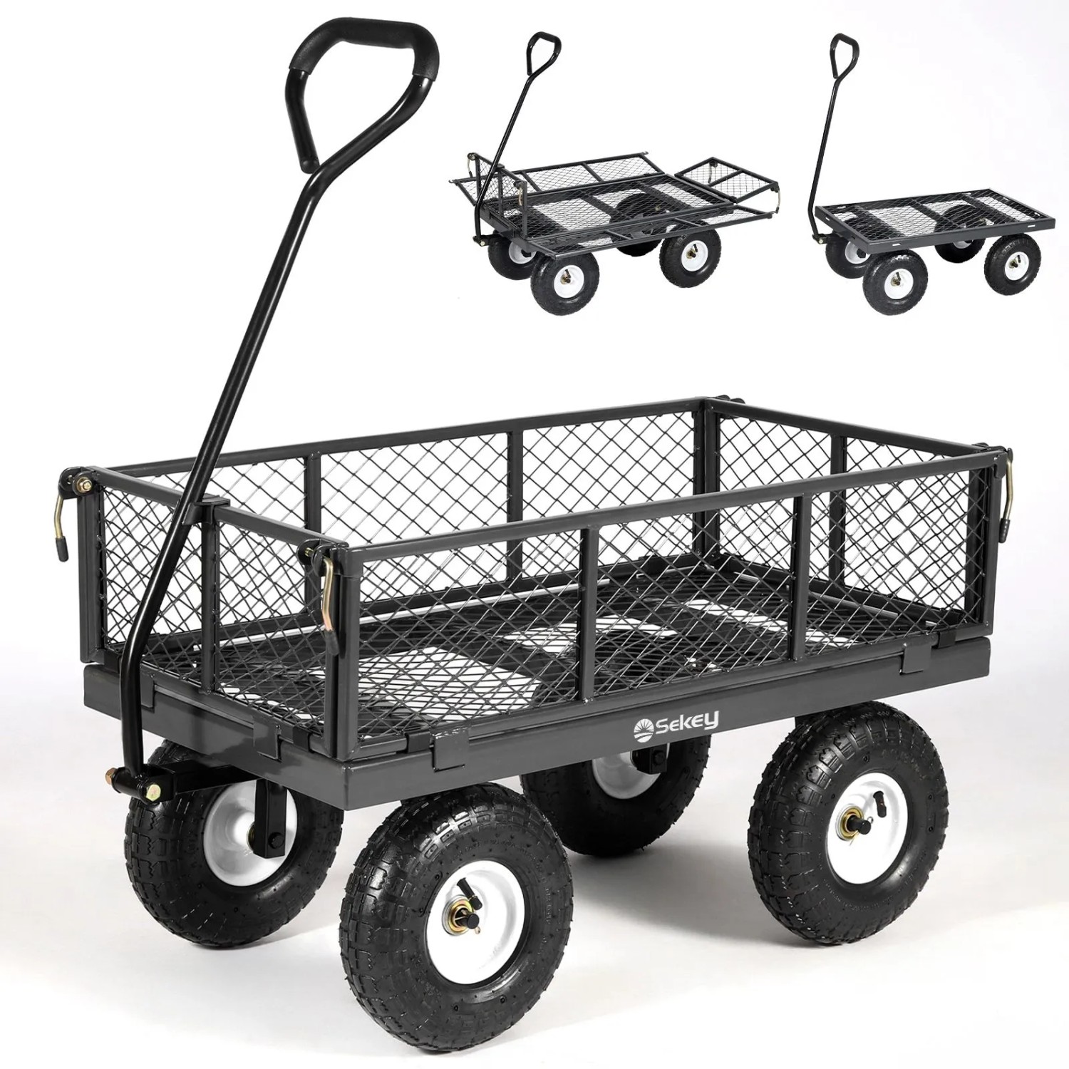 Sekey Garten Plattformwagen mit Luftreifen, 300 kg Tragkraft und abnehmbaren Seitenteilen.