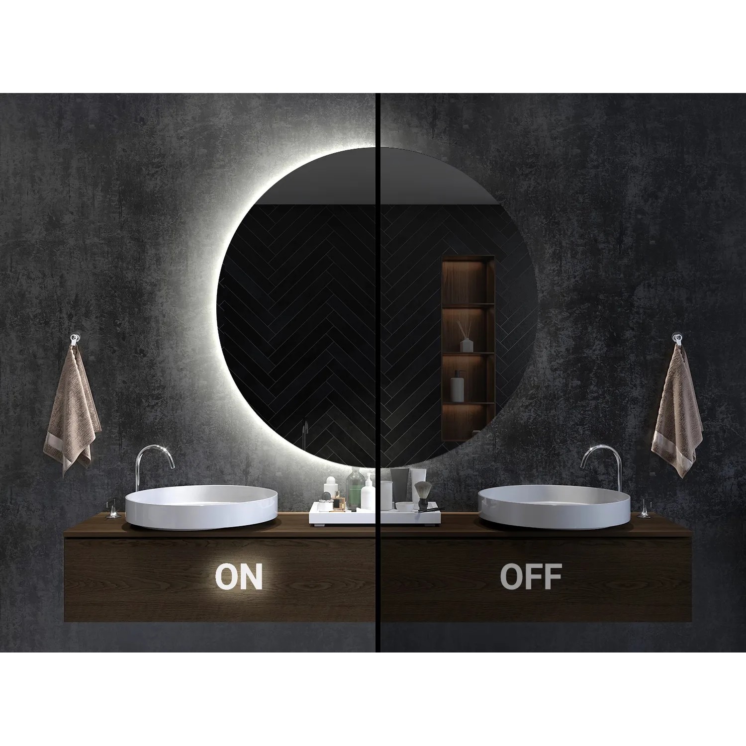 Dekorativer LED Wandspiegel mit warmweißer Beleuchtung im Bad, links an, rechts aus. Modernes Design für Flur oder Bad.