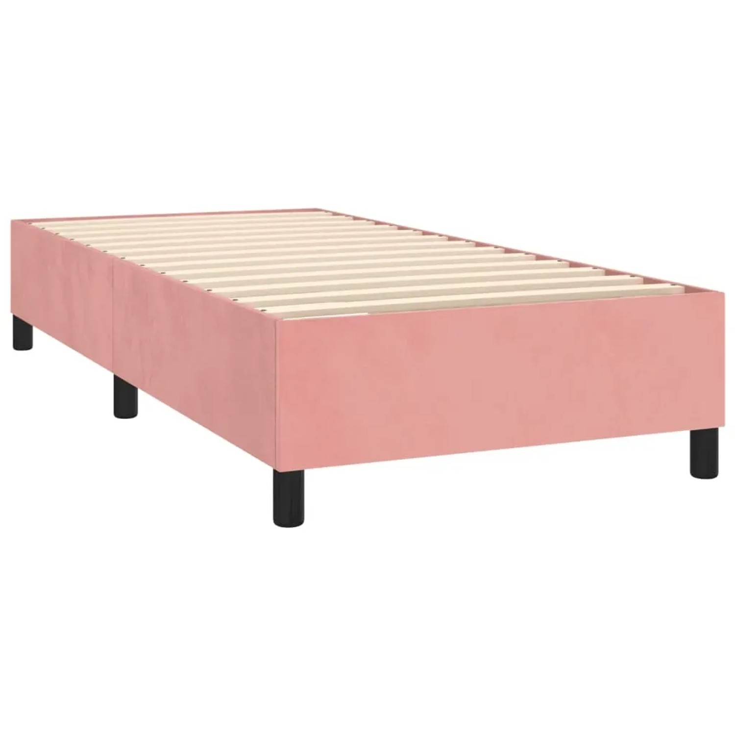 Rosa vidaXL Boxspringbett mit Lattenrost und schwarzen Füßen.