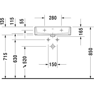 Technische Zeichnung Duravit Vero Air Waschbecken 60 cm mit Maßen für Installation.