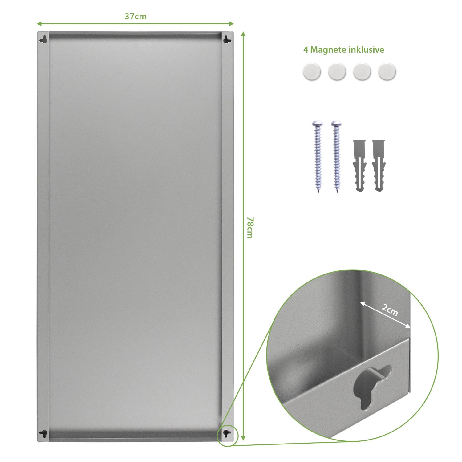 Silberne Magnettafel 37x78cm mit Montagematerial und 4 Magneten.
