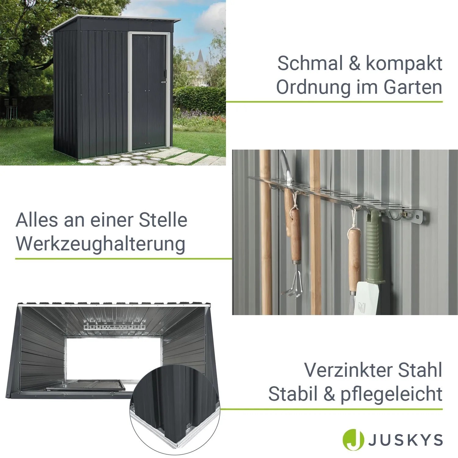 Juskys Metall Gerätehaus S mit Pultdach, anthrazitfarbener Geräteschuppen für Garten.